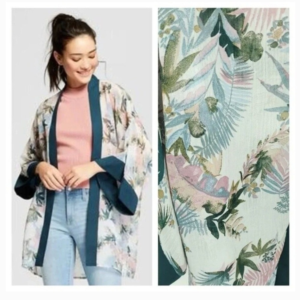 Xhilaration Kimono Robe Green Pink Botanical Sheer Open Front Boho M/L